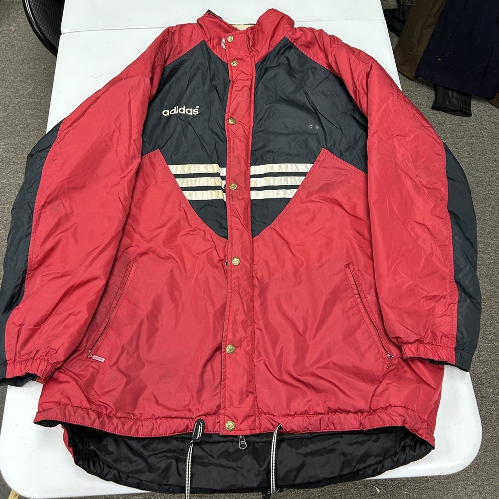 Adidas Puffer Jacket Men Large Red Black Vintage 3-Stripe Quilted Parka C2